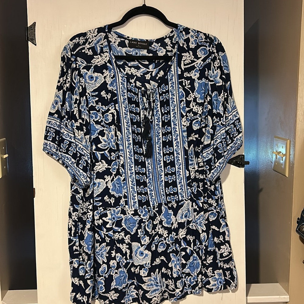Lane Bryant Navy and White Floral Blouse